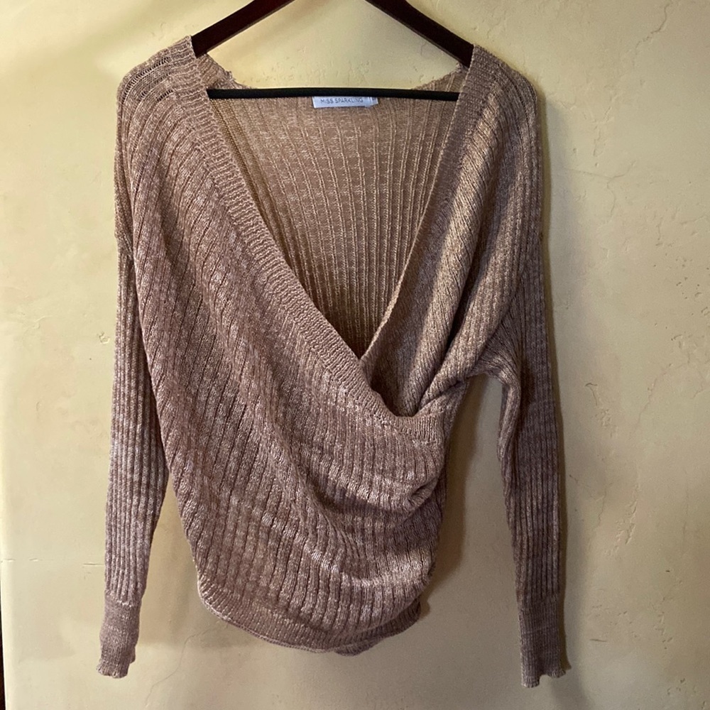 Sz S Miss Sparkling Light Brown Cross Front Soft Polyester Sweater Gathered Side